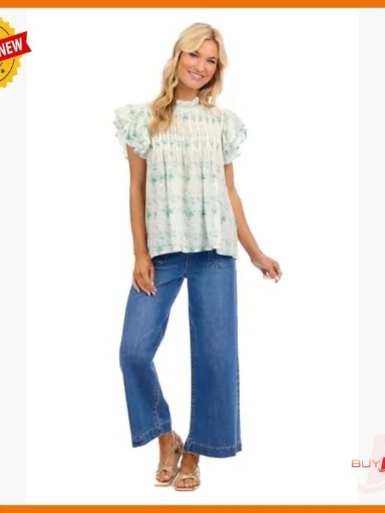 Flutter Sleeve Cotton Top, Pleated Bodice, Swing Hem, Size Small - Picture 5 of 6